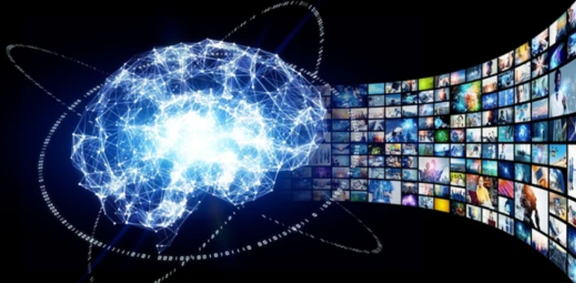 image d'un cerveau en rayons lumineux et écrans pour illustrer la production vidéo utilisant l'IA pour un blog par Fullframe Creative agency geneva
