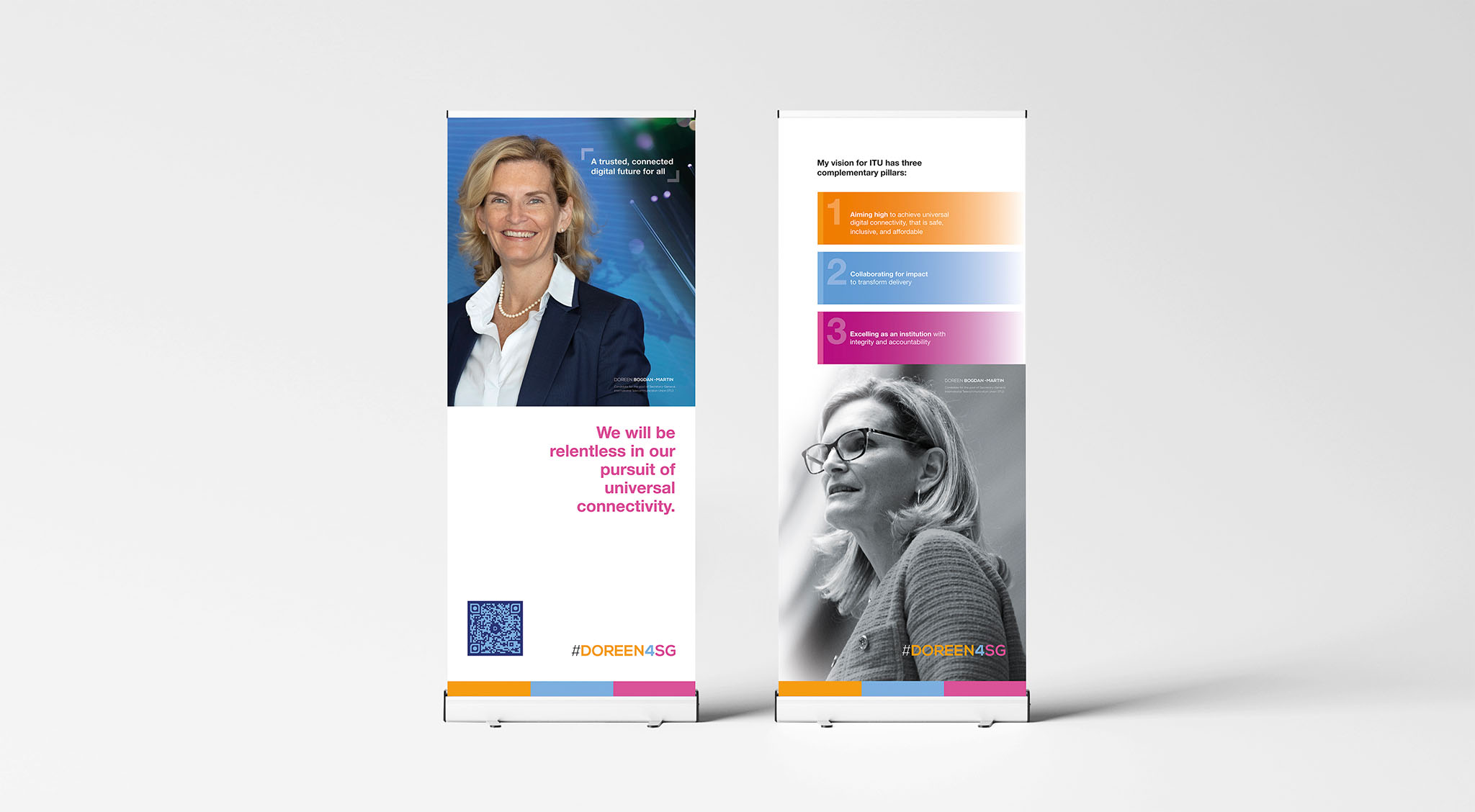 Image showing pop-up banners with a business woman on the images as digital and print marketing samples created by SmartCuts Creative in Lausanne and Geneva, Switzerland.