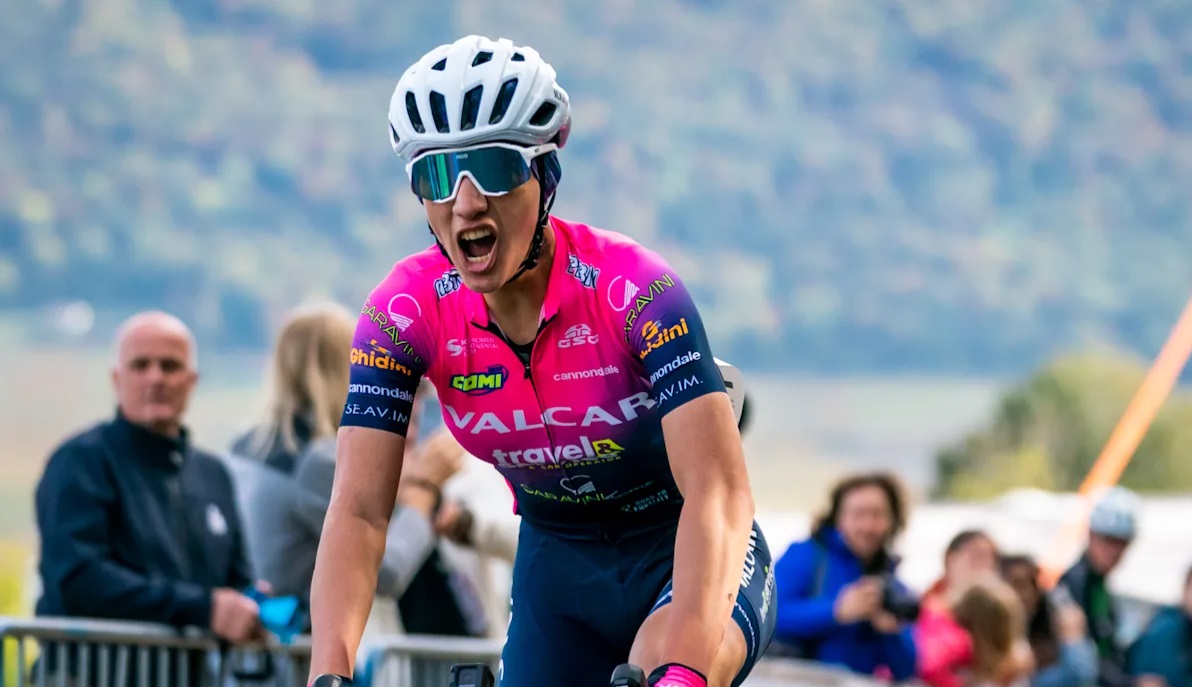 Image of winner Fariba Hasimi in the Women's Road Championships that Fullframe Creative, based in Lausanne and Geneva, in Switzerland, produced drone footage for.