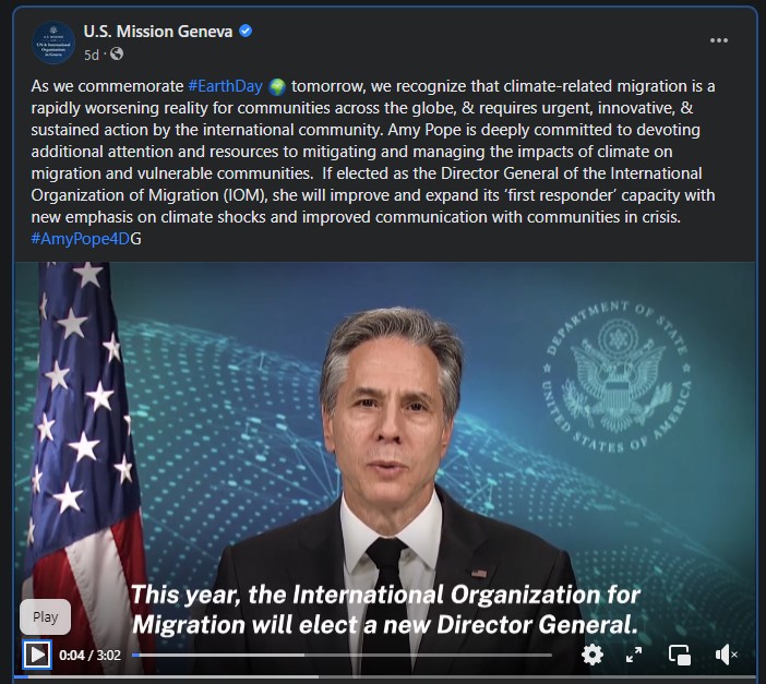image of US secretary of state, Antony Blinken, endorsing american candidate for IOM leadership on social media.