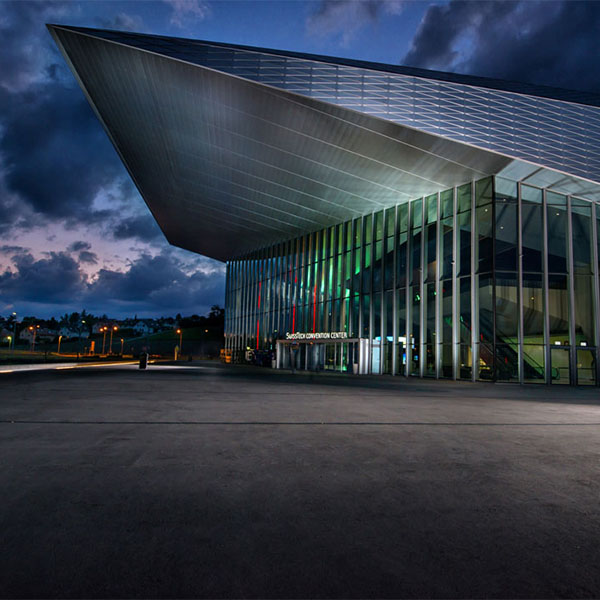 Professional photograph of the SwissTech Convention center taken by Philippe Krauer, a member of the SmartCuts Creative team, who are based in Lausanne and Geneva, in Switzerland.
