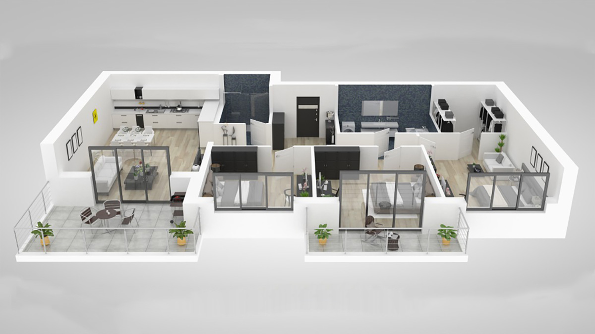 Image showing a 3D model of a single floor of a building to illustrate the virtual visits service offered by SmartCuts creative agency studio in Lausanne and Geneva, Switzerland for the purposes of creative communication.
