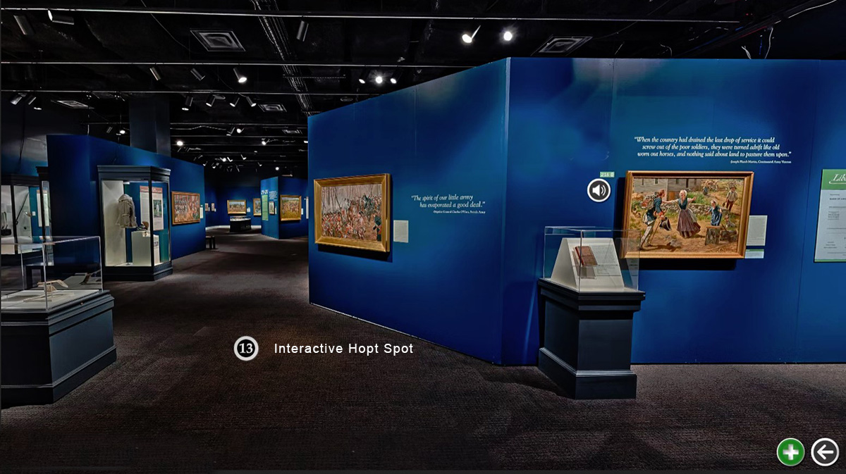 Image showing the inside of a museum with interactive hot spots to illustrate the virtual tours production service offered by SmartCuts creative agency studio in Lausanne and Geneva, Switzerland for the purposes of creative communication.