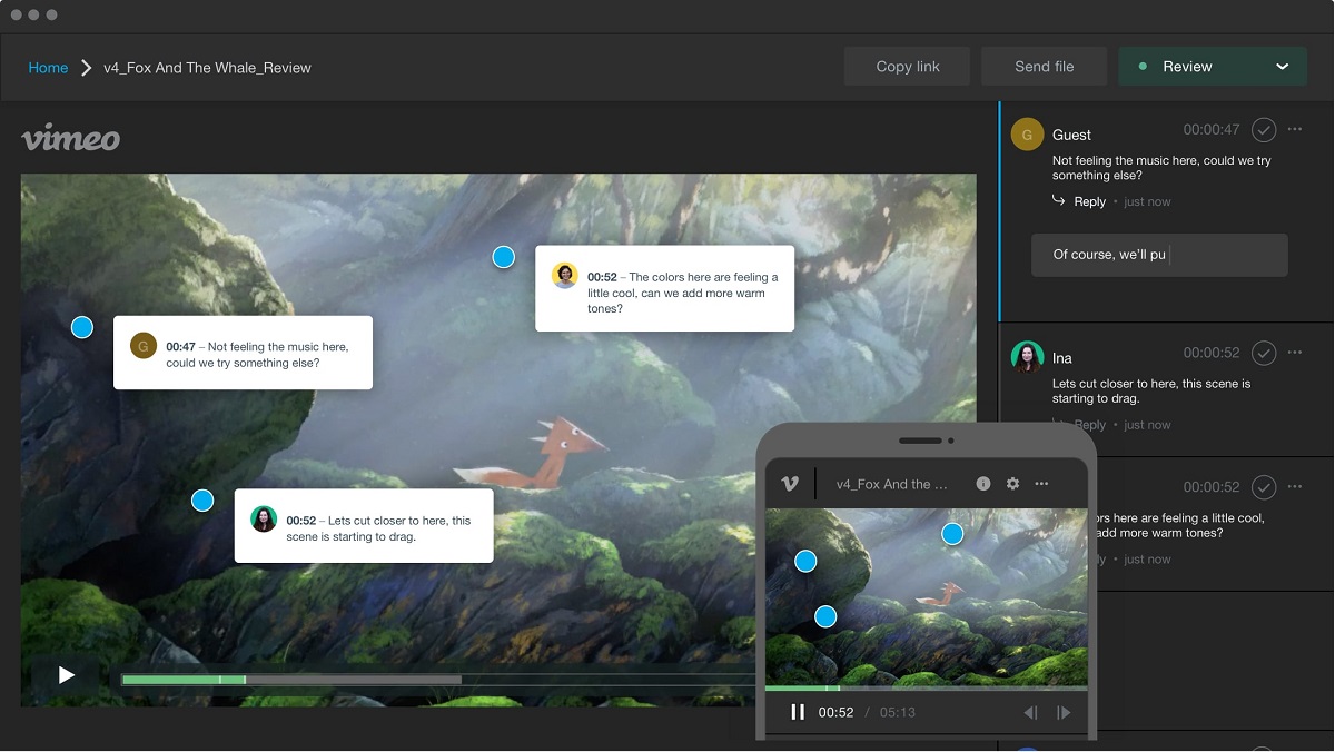 Capture d'écran de l'outil de révision vidéo de Vimeo utilisé par SmartCuts Creative pour les révisions des clients pendant la production vidéo.